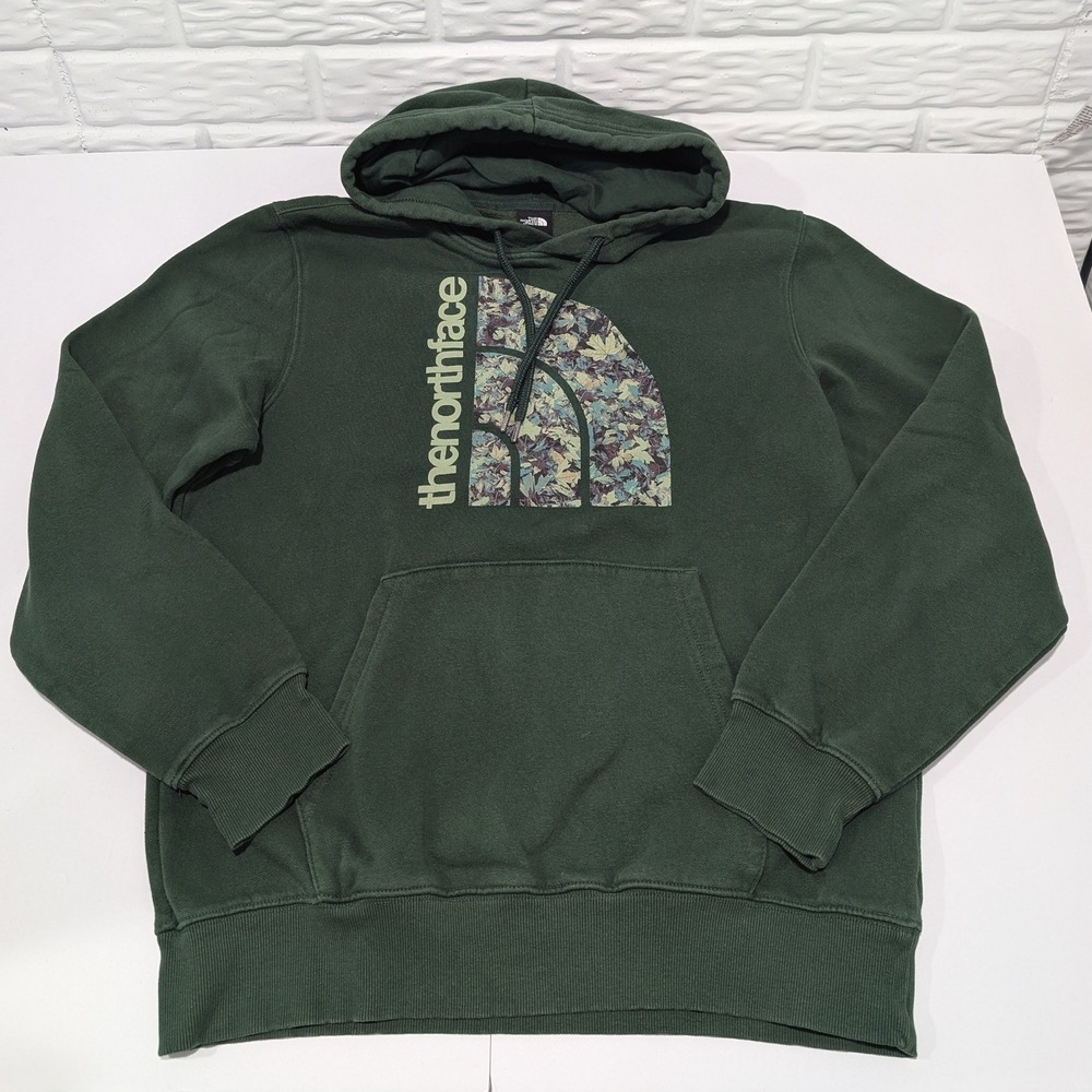 North Face Mens Med Forest Green Leaves Logo Gorpcore Cabin Hoodie Sweatshirt